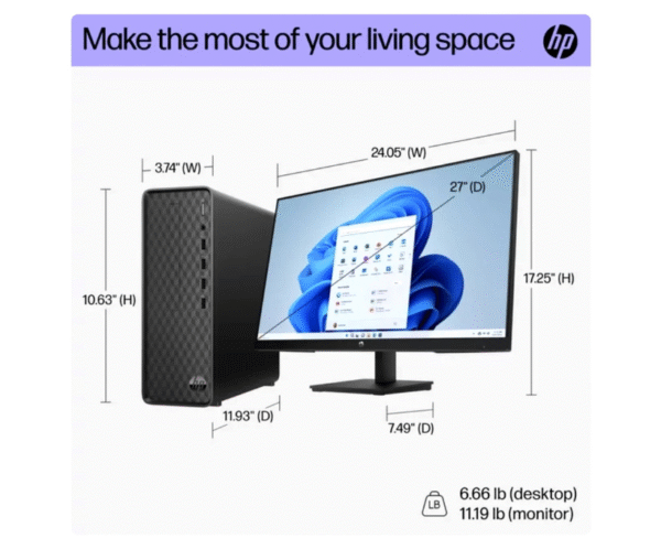 HP Slim S01-PF2043W Desktop & 27″ Monitor Bundle — 12th Gen Intel Core i3, 512GB SSD, 8GB RAM, FHD Monitor