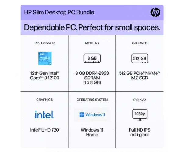 HP Slim S01-PF2043W Desktop & 27″ Monitor Bundle — 12th Gen Intel Core i3, 512GB SSD, 8GB RAM, FHD Monitor